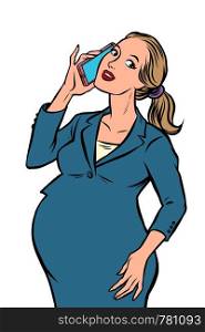 pregnant businesswoman talking on the phone. Comic cartoon pop art retro vector drawing illustration. pregnant businesswoman talking on the phone