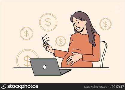 Pregnant businesswoman work online on laptop multitask with smartphone on maternity leave. Female employee future mom trade on internet earning money on web. Vector illustration.. Pregnant woman employee work online on laptop