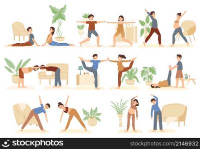 Pregnant characters with partners, yoga practicing family class. Happy couples doing yoga asanas, sports prenatal activity vector illustration set. Young families exercising. Woman pregnant healthy. Pregnant characters with partners, yoga practicing family class. Happy couples doing yoga asanas, sports prenatal activity vector illustration set. Young families exercising