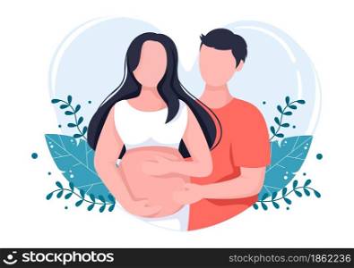 Pregnant Couple Background Vector Illustration with A Husband Takes Care and Hugs His Wife or Mother While Waiting for Birth in Flat Design Style