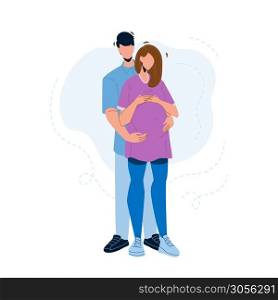 Pregnant Couple Embracing Young Family Vector. Man Embrace Pregnant Woman, Parenthood. Characters Husband And Pregnancy Wife Waiting Baby Standing Together Flat Cartoon Illustration. Pregnant Couple Embracing Young Family Vector