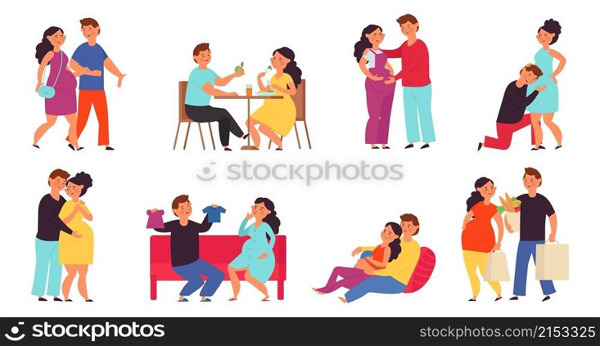 Pregnant couple. Men care women, future mother and husband embracing her. Support of pregnancy wife, maternity parenthood decent vector set. Husband and pregnant woman, couple pregnancy illustration. Pregnant couple. Men care women, future mother and husband embracing her. Support of pregnancy wife, cartoon maternity parenthood decent vector set