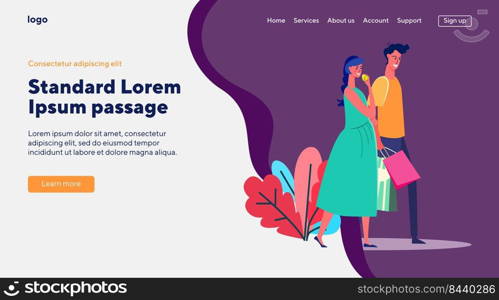 Pregnant couple shopping outside. Man and woman walking, carrying bags. Flat vector illustrations. Expecting, new family, parenthood concept for banner, website design or landing web page