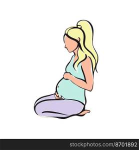  Pregnant girl doing yoga for pregnant women. Fitness, sports for pregnant women . Vector illustration. Pregnant girl sits and holds on to a ha belly