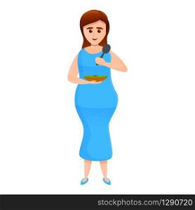 Pregnant girl with a plate icon. Cartoon of pregnant girl with a plate vector icon for web design isolated on white background. Pregnant girl with a plate icon, cartoon style