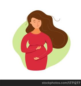 Pregnant happy young girl vector colorful cartoon illustration. Beautiful expectant mother caressing her belly. Motherhood design concept for shops, magazines, promotions. Pregnant happy young girl vector colorful cartoon illustration