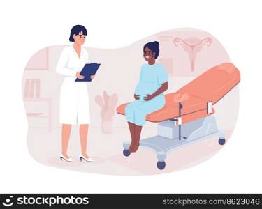 Pregnant lady and gynecologist 2D vector isolated illustration. Prenatal care flat characters on cartoon background. Medical colourful editable scene for mobile, website, presentation. Pregnant lady and gynecologist 2D vector isolated illustration