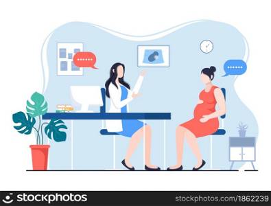 Pregnant Lady or Mother in Medical Consultation by Pregnancy Doctor with Obstetric Procedures for Scanner and Monitoring Baby Growth. Background Vector Illustration