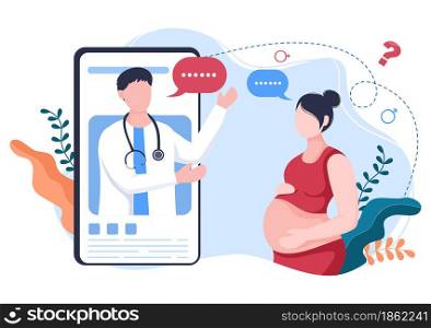 Pregnant Lady or Mother in Online Medical Consultation by Pregnancy Doctor with Obstetric Procedures About Baby Health, Monitoring Baby Growth. Background Vector Illustration