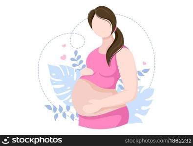 Pregnant Lady with Hugs her Belly or Mother Waiting for the Baby in Flat Cartoon Design Style Background of Leaves Vector Illustration