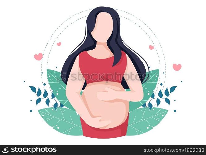 Pregnant Lady with Hugs her Belly or Mother Waiting for the Baby in Flat Cartoon Design Style Background of Leaves Vector Illustration