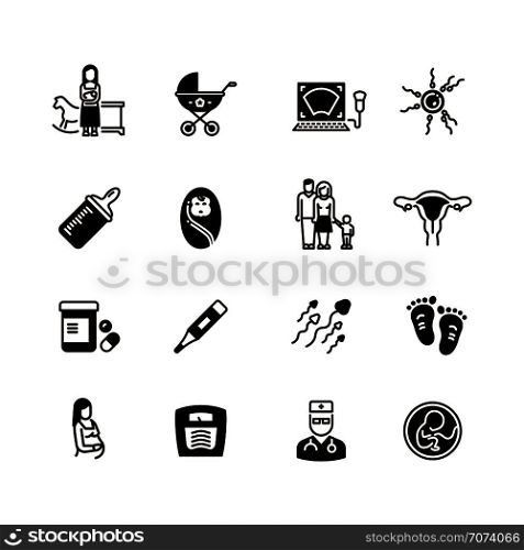 Pregnant mom and baby vector icons. Woman gynecology and pregnancy black silhouette symbols isolated. Illustration of silhouette pregnant woman, motherhood and gynecology, maternity and childbirth. Pregnant mom and baby vector icons. Woman gynecology and pregnancy black silhouette symbols isolated