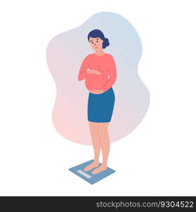 Pregnant on scales. Pregnancy weight gain. Woman standing on electronic scales. Expectant mother weighing. Flat vector illustration.. Pregnant on scales. Pregnancy weight gain. Woman standing on electronic scales. Expectant mother weighing. Flat vector illustration