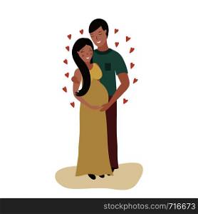 Pregnant wife and her husband. Happy married couple. Flat illustration.