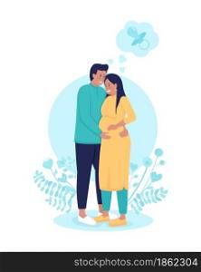 Pregnant wife with husband 2D vector isolated illustration. Thinking of baby. Anticipating child birth. Young family flat characters on cartoon background. Parenthood colourful scene. Pregnant wife with husband 2D vector isolated illustration