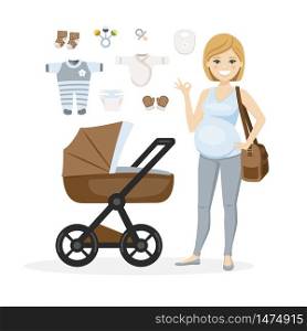 Pregnant woman and baby boy care items. Isolated vector illustration