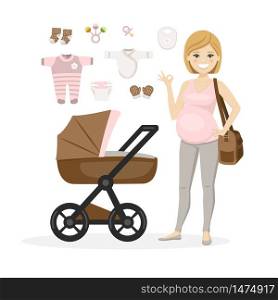 Pregnant woman and baby girl care items. Isolated vector illustration