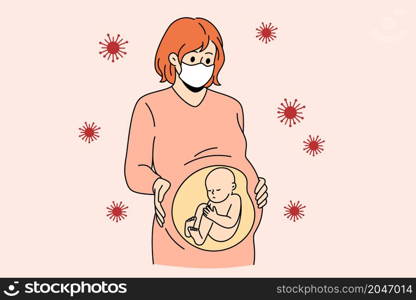 Pregnant woman and coronavirus infection concept. Young woman pregnant with baby inside standing wearing medical protective mask with bacterias flying around vector illustration . Pregnant woman and coronavirus infection concept