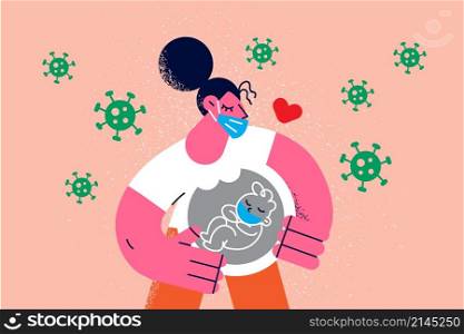Pregnant woman and unborn baby kid in belly in facemask from covid-19 infection. Future mother and infant in abdomen care of corona virus pandemic wear facial mask. Flat vector illustration.. Pregnant woman an unborn child in facemasks