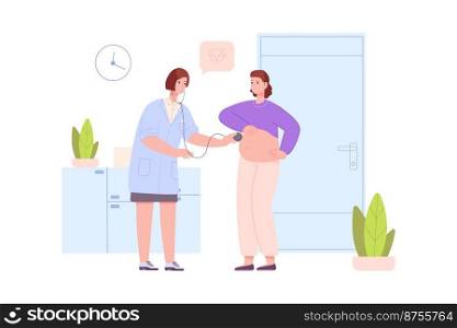 Pregnant woman at obstetrician. Medic midwife check up baby prenatal health with stethoscope, nurse gynaecologist examination birth pregnancy, vector illustration. Medical obstetrician health. Pregnant woman at obstetrician. Medic midwife check up baby prenatal health with stethoscope, nurse gynaecologist examination birth pregnancy, simplistic vector illustration