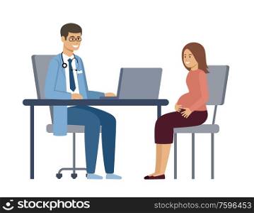 Pregnant woman at the consultation with a doctor. Vector flat illustration.