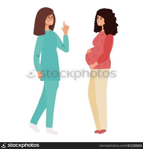 Pregnant woman at the doctor s appointment. A woman expecting a baby visits a doctor s office, examination during pregnancy. Flat vector illustration in cartoon design. Pregnant woman at the doctor s appointment. A woman expecting a baby visits a doctor s office, examination during pregnancy. Flat vector illustration in cartoon design.
