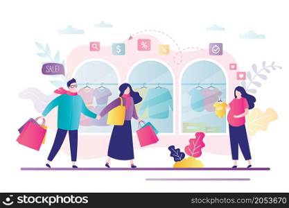 Pregnant woman buys clothes for baby. Love couple with shopping bags. Female and male character goes on shopping. Showcases with different clothes at discount. Trendy flat vector illustration. Pregnant woman buys clothes for baby. Love couple with shopping bags. Female and male character goes on shopping