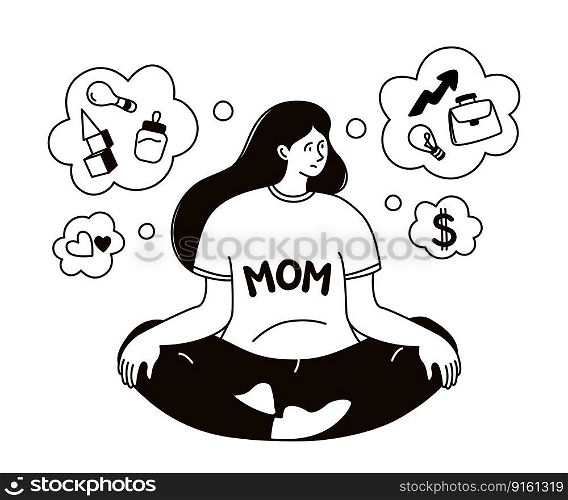 Pregnant woman chooses between maternity, family life, love and career, money. Monochrome outline doodle vector illustration. Mother professional work oppotunity concept. Work and family ballance.