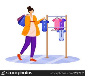 Pregnant woman choosing body for baby flat vector illustration. Preparation to maternity. Caucasian lady in casual clothes on prenatal shopping cartoon character on white background. Pregnant woman choosing body for baby flat vector illustration