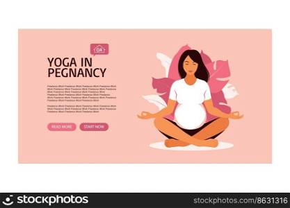 Pregnant woman doing prenatal yoga. Landing page template. Vector illustration. Vector. Flat