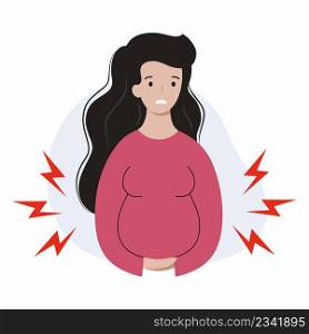 Pregnant woman experiences abdominal discomfort. Problems with pregnancy. Threat of miscarriage. Gestation period. Birth pains.
