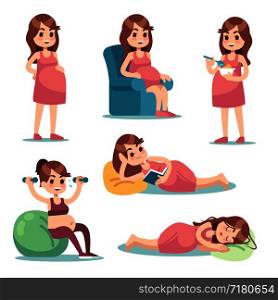 Pregnant woman. Happy mother in pregnancy eating, doing exercises, sitting and standing. Young pregnant female vector characters. Mother pregnant, healthy fitness for female pregnancy illustration. Pregnant woman. Happy mother in pregnancy eating, doing exercises, sitting and standing. Young pregnant female vector characters