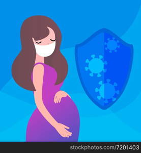 Pregnant woman in a medical mask with anti covid-19 shield. Coronavirus protection questions concept. Modern bright design. Premium vector illustration.