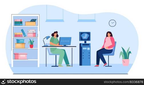 Pregnant woman in hospital flat vector illustration. Cheerful female character at appointment with gynecologist after ultrasound screening. Healthcare, maternity, prenatal care concept