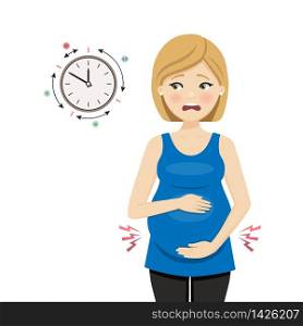 Pregnant woman in labor measuring contractions. Isolated vector illustration