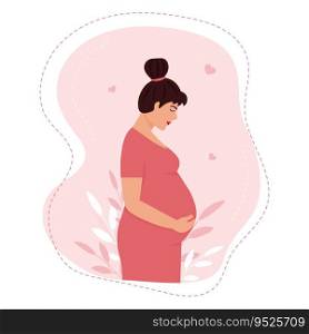 Pregnant woman in pink dress with leaves. Mother waiting for child concept. Flat style vector illustration.