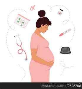 Pregnant woman in pink dress with positive test, doctor visit planner, jar of vitamins isolated on white background. Mother waiting for child concept. Flat style vector illustration.undefined