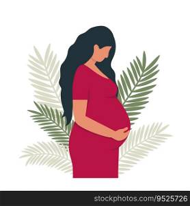 Pregnant woman in red dress with decoration tropical leaves. Mother waiting for child concept. Flat style vector illustration.