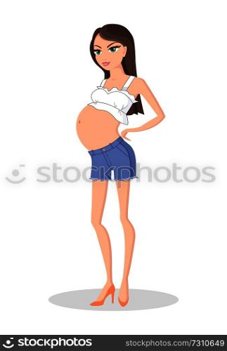 Pregnant woman in sexy home summer cloth, on high heels shoes vector illustration of long haired girl waiting for baby arrival isolated on white. Pregnant Woman in Sexy Home Summer Coth High Heels