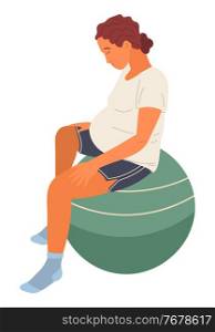 Pregnant woman in white T-shirt and shorts sits on green big fitness ball, relaxes, meditates. Maternity, childbirth, labor. Exercises for pregnant women. Woman with big belly isolated on white. Pregnant woman sits on fitness ball with head bowed. Relaxation exercises for pregnant women