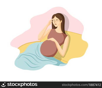 pregnant woman is sitting on the couch and is experiencing severe pain (headache). one line drawing vector flat illustration sick pregnant woman at home suffering from pain