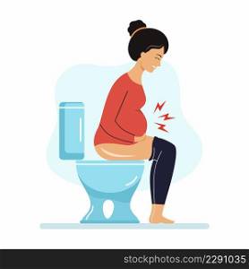Pregnant woman is sitting on  toilet. Constipation during pregnancy. Digestive problems.