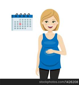 Pregnant woman looking at the calendar. Isolated vector illustration