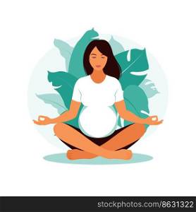 Pregnant woman makes yoga and meditation. Concept pregnancy, motherhood, health care. Illustration in flat style.