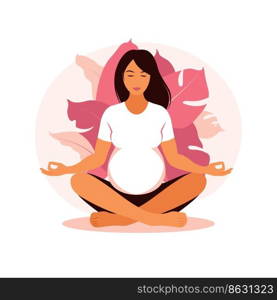 Pregnant woman makes yoga and meditation. Concept pregnancy, motherhood, health care. Illustration in flat style.