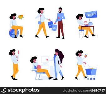Pregnant woman. Maternity characters baby care pregnant active female mother walking making gymnastic happy yoga garish vector flat persons. Illustration of maternity pregnancy. Pregnant woman. Maternity characters baby care pregnant active female mother walking making gymnastic happy yoga garish vector flat persons