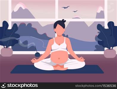 Pregnant woman meditate flat color vector illustration. Fitness for pregnancy at home. Girl relax in lotus pose with belly. Young mother 2D cartoon characters with window on background. Pregnant woman meditate flat color vector illustration
