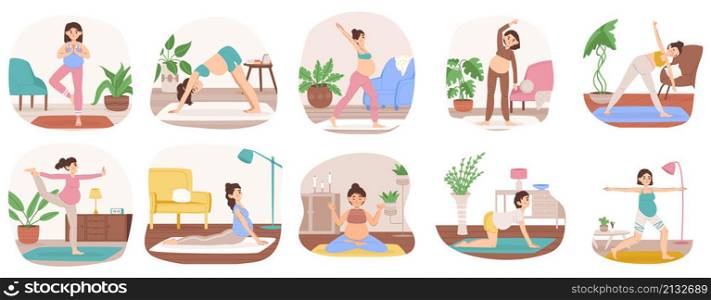 Pregnant woman practicing yoga, health yoga activity. Prenatal healthy activities, meditation and relaxing vector illustration set. Future mothers yoga lessons. Woman yoga exercise while pregnancy. Pregnant woman practicing yoga, health yoga activity. Prenatal healthy activities, meditation and relaxing vector illustration set. Future mothers yoga lessons