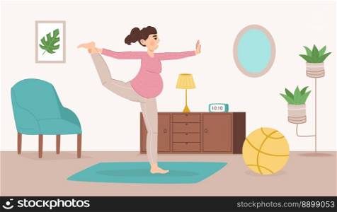 Pregnant woman practicing yoga. Young female character with belly, standing in balance, stretching. Future mom doing sport exercise at home, healthy lifestyle and wellness concept vector. Pregnant woman practicing yoga. Young female character with belly, standing in balance, stretching. Future mom doing sport