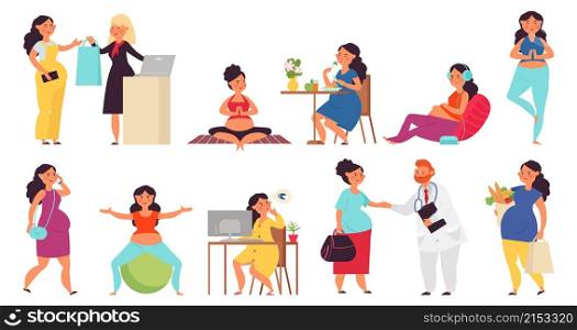 Pregnant woman. Pregnancy time, female waiting baby. Daily routine mother. Healthy motherhood, medical maternity doctor vector set. Pregnancy and pregnant expecting, exercise to maternity illustration. Pregnant woman. Pregnancy time, female waiting baby. Daily routine of future mother. Healthy motherhood, medical maternity doctor decent vector set